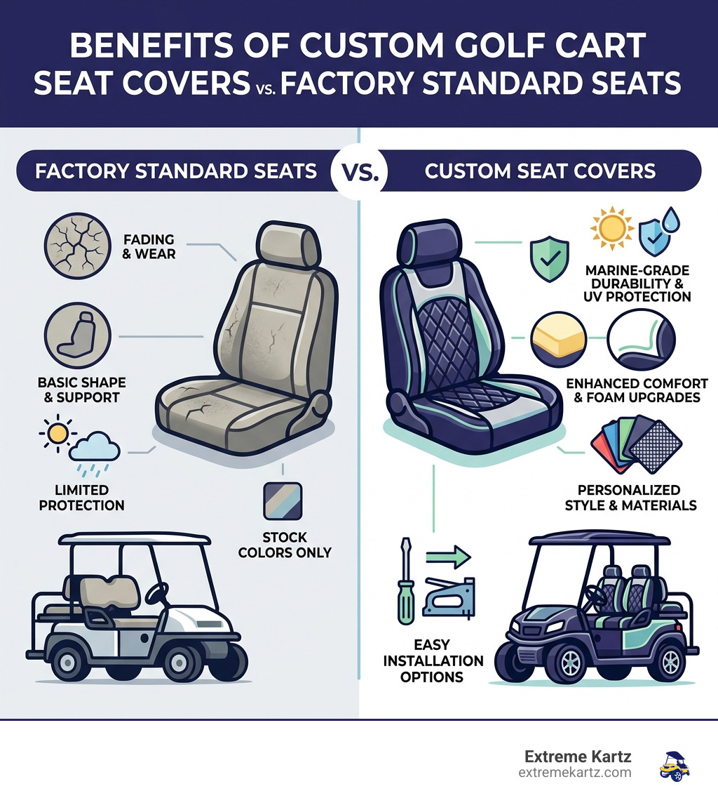 Benefits of custom golf cart seat covers vs. factory standard seats infographic - golf cart custom seat covers infographic 