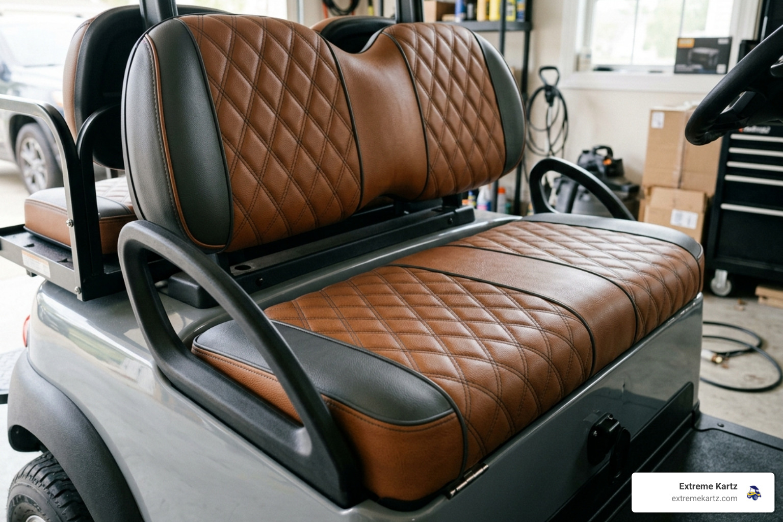 close up of diamond stitch seat patterns in saddle brown and charcoal grey - golf cart custom seat covers