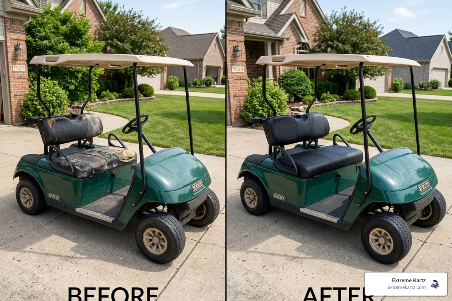 weathered factory golf cart seats compared to new custom marine-grade vinyl covers - golf cart custom seat covers