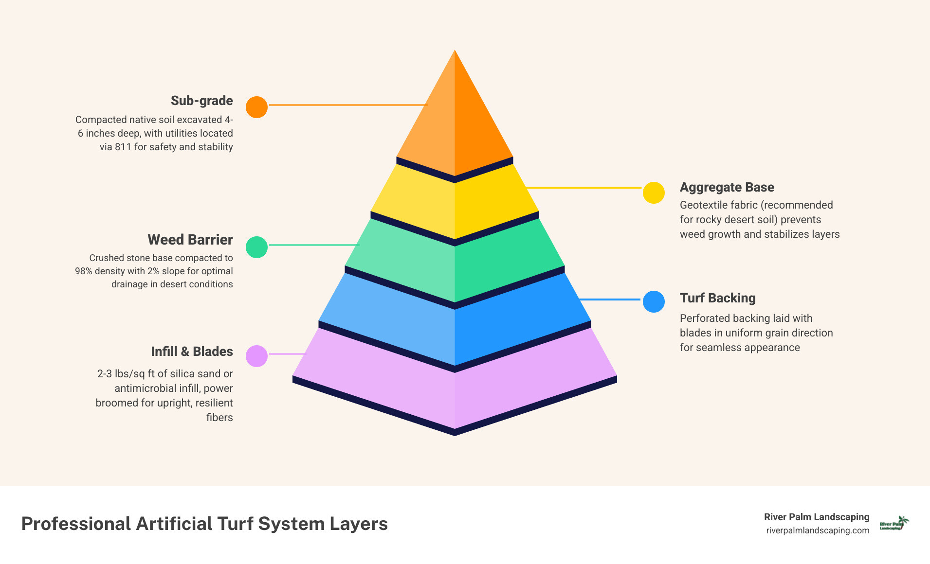 Infographic showing professional artificial turf system layers: sub-grade, aggregate base, weed barrier, turf backing