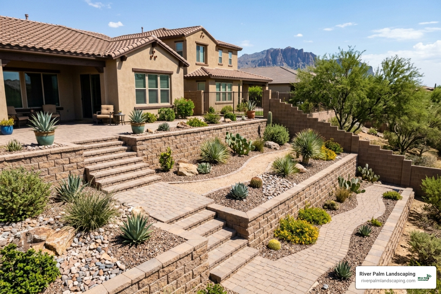 A sloped yard featuring tiered retaining walls and interlocking pavers for erosion control - landscape design