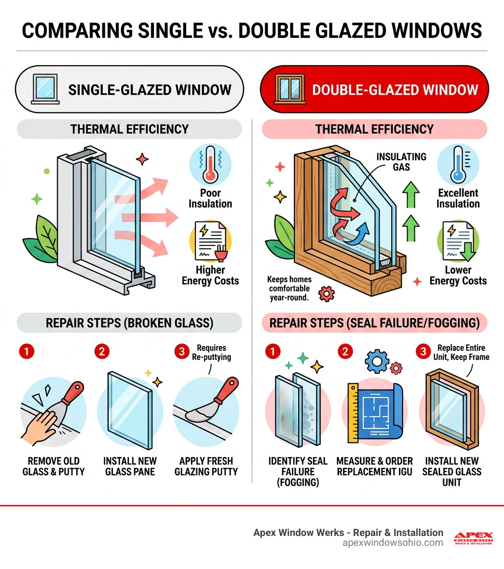 Infographic comparing the thermal efficiency and repair steps of single vs double glazed windows - repairing wooden double