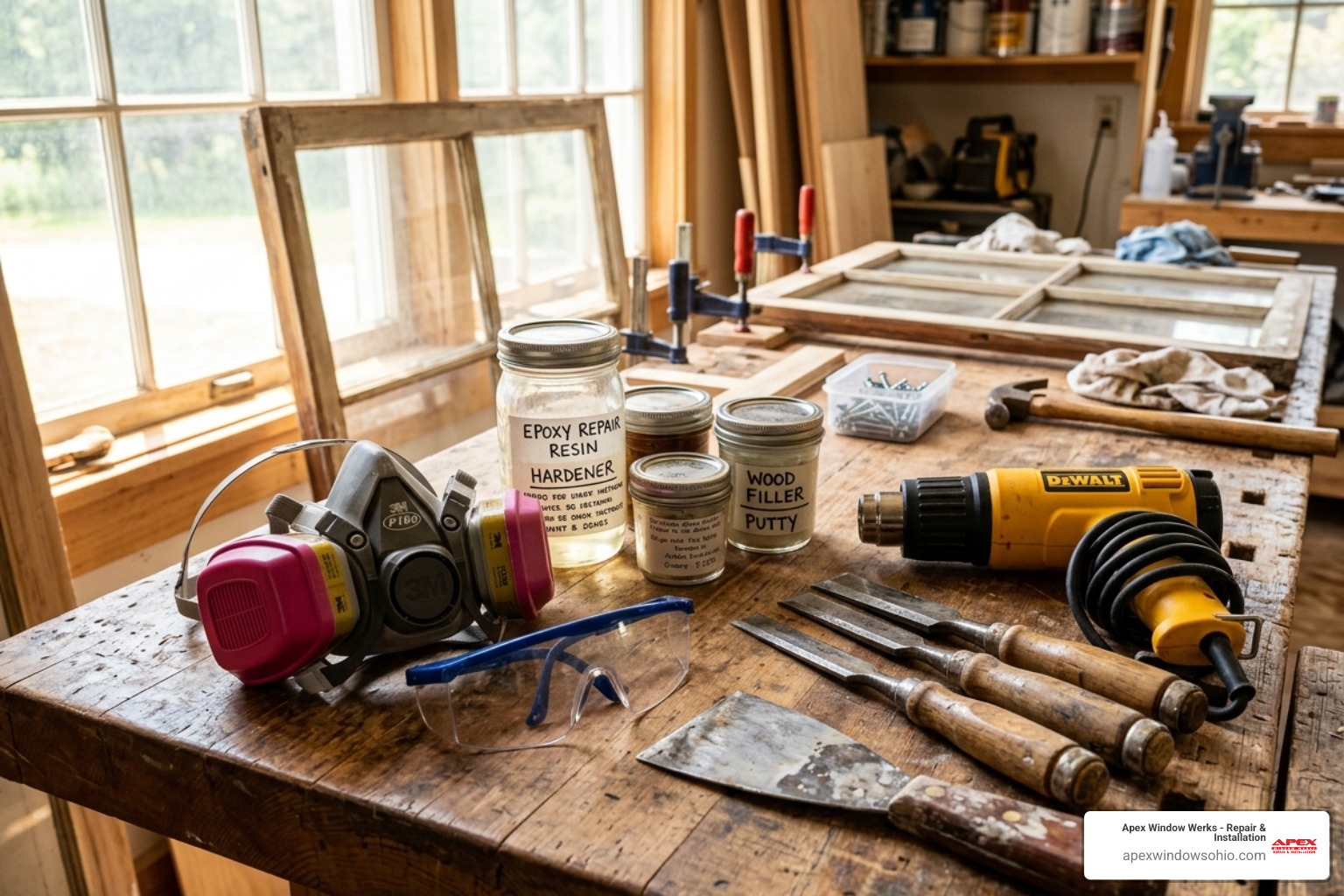 A collection of window restoration tools including epoxy, wood filler, a respirator, and safety glasses - repairing wooden