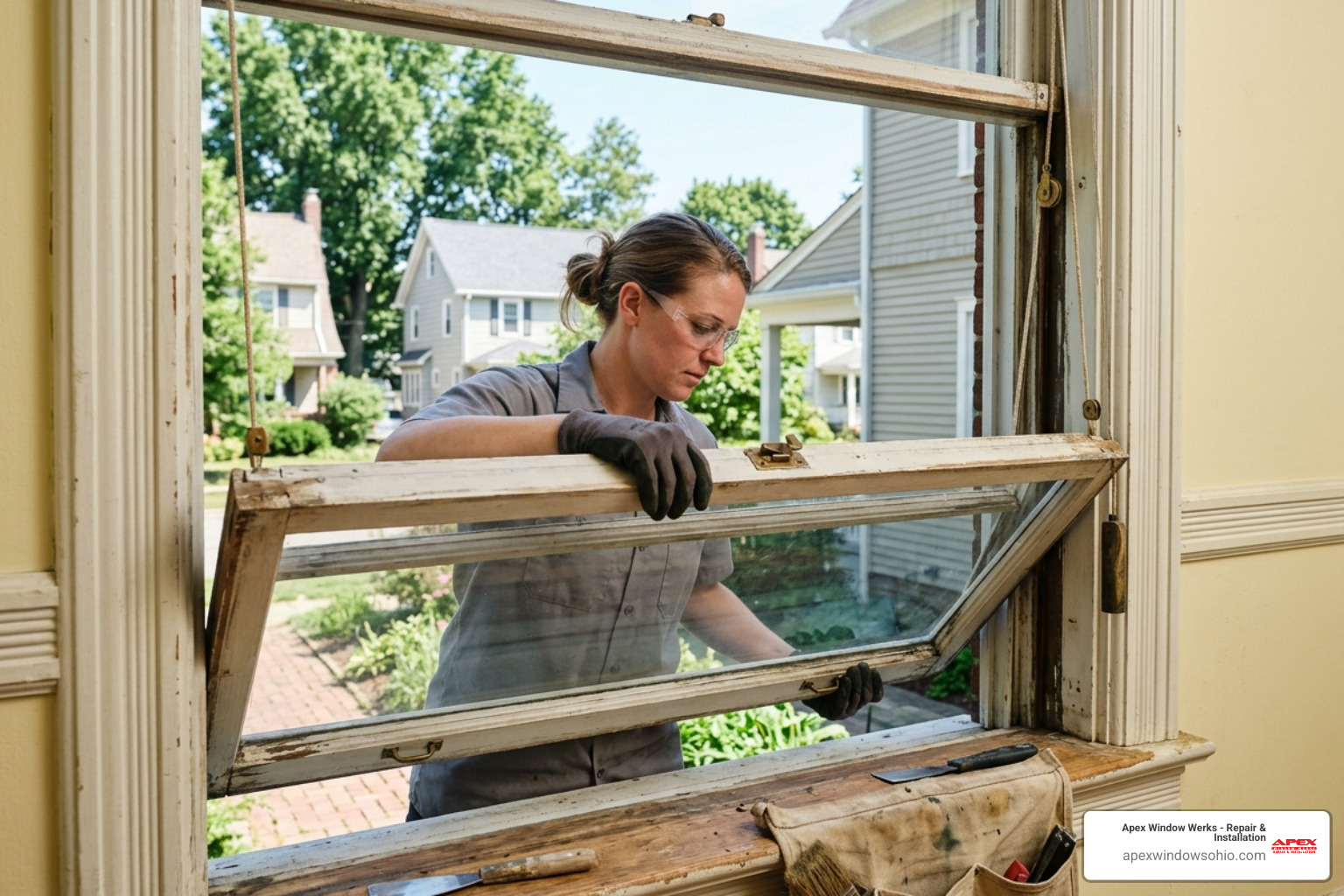 Technician carefully removing a wooden window sash from its frame for restoration - repairing wooden double glazed windows