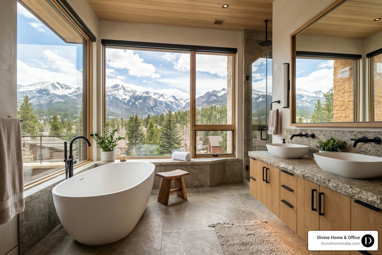 luxury spa-inspired bathroom with a freestanding tub and Colorado mountain views through floor-to-ceiling windows - custom luxury spa-inspired bathroom with a freestanding tub and Colorado mountain views through floor-to-ceiling windows - custom