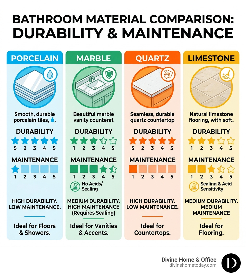 infographic comparing bathroom material durability and maintenance levels - custom bathroom remodel ideas infographic infographic comparing bathroom material durability and maintenance levels - custom bathroom remodel ideas infographic