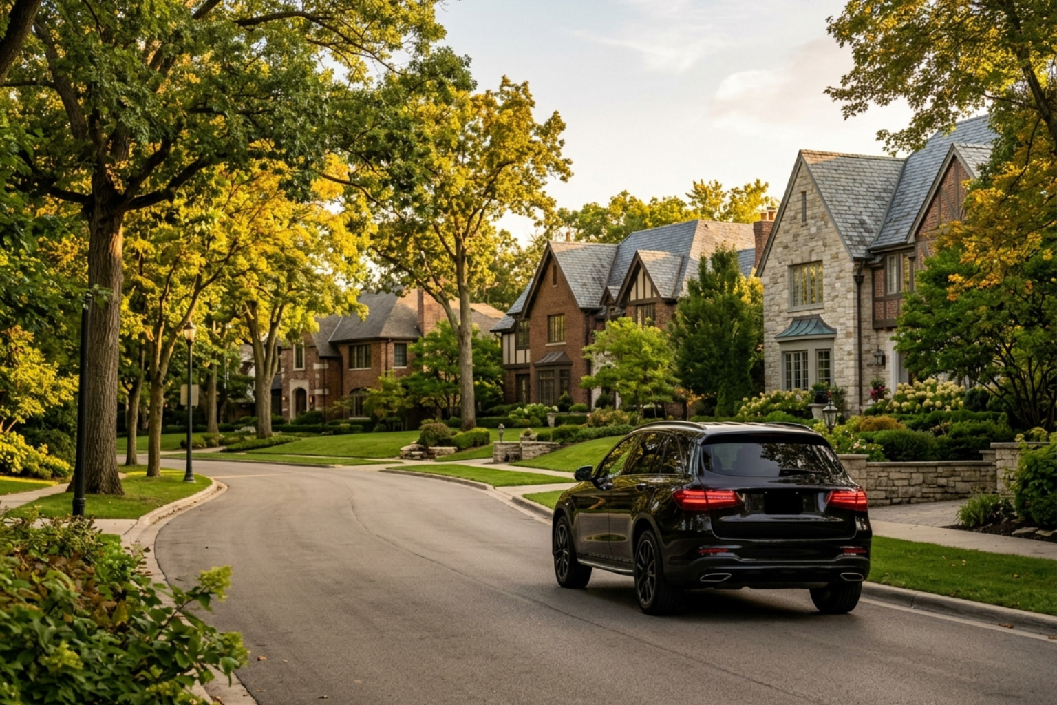 luxury car Chicago SUV driving through North Shore suburbs back angle - Luxury car Chicago