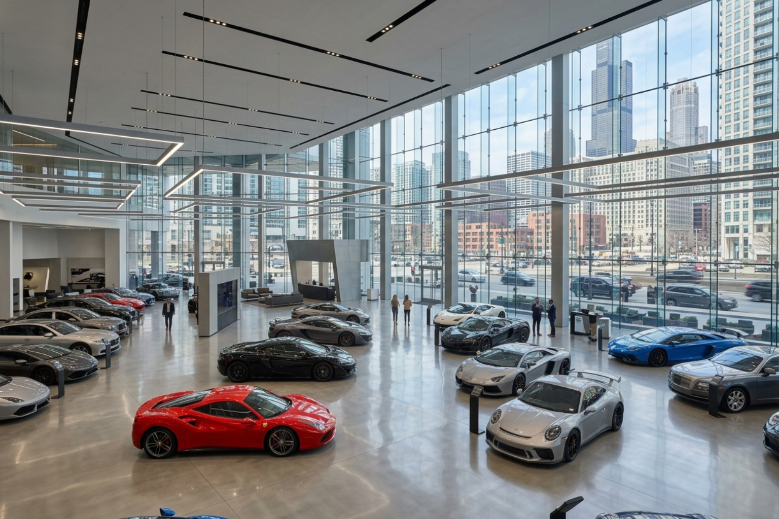 luxury car Chicago high-end showroom with polished floors and bright lighting far shot - Luxury car Chicago