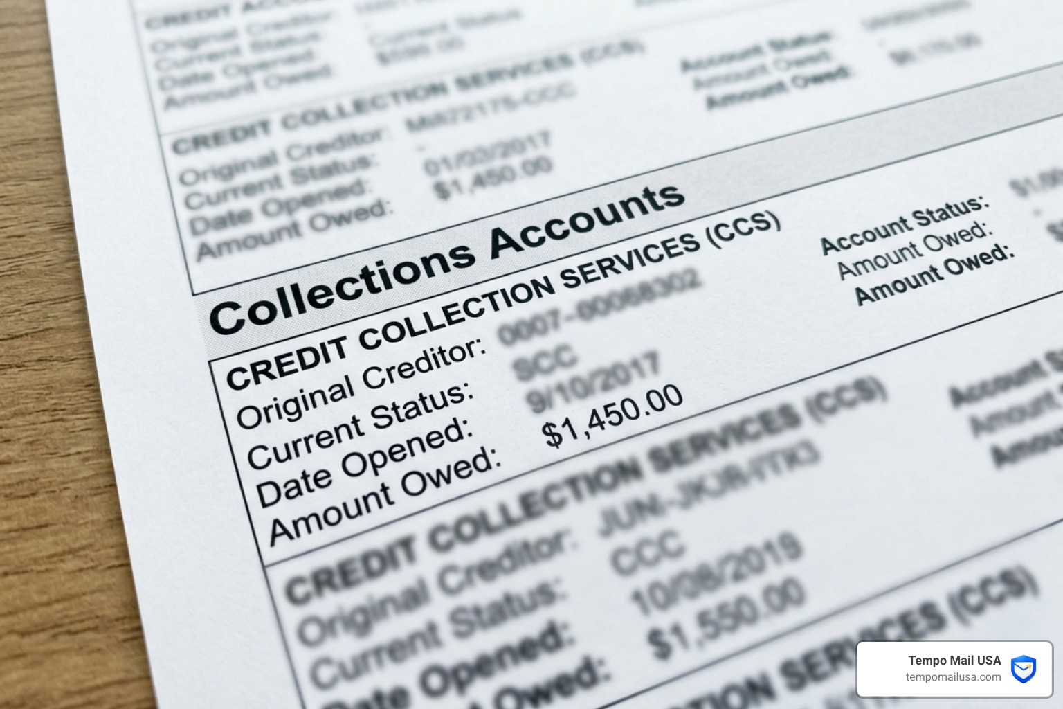 A credit report showing a collections account section - ccspayment scam