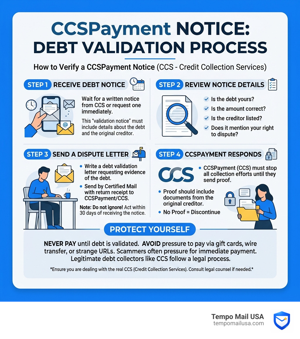 Debt validation process infographic showing steps to verify a CCSPayment notice - ccspayment scam infographic 