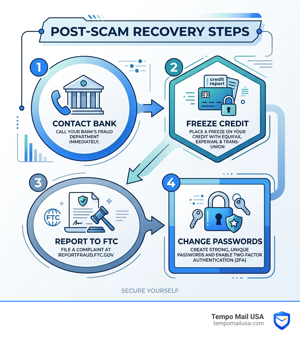 Infographic showing post-scam recovery steps: 1. Contact Bank, 2. Freeze Credit, 3. Report to FTC, 4. Change Passwords