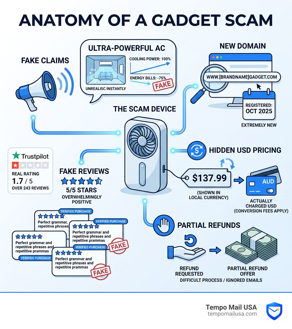 Anatomy of a gadget scam infographic: fake claims, new domain, hidden USD pricing, fake reviews, partial refunds - epicooler Anatomy of a gadget scam infographic: fake claims, new domain, hidden USD pricing, fake reviews, partial refunds - epicooler