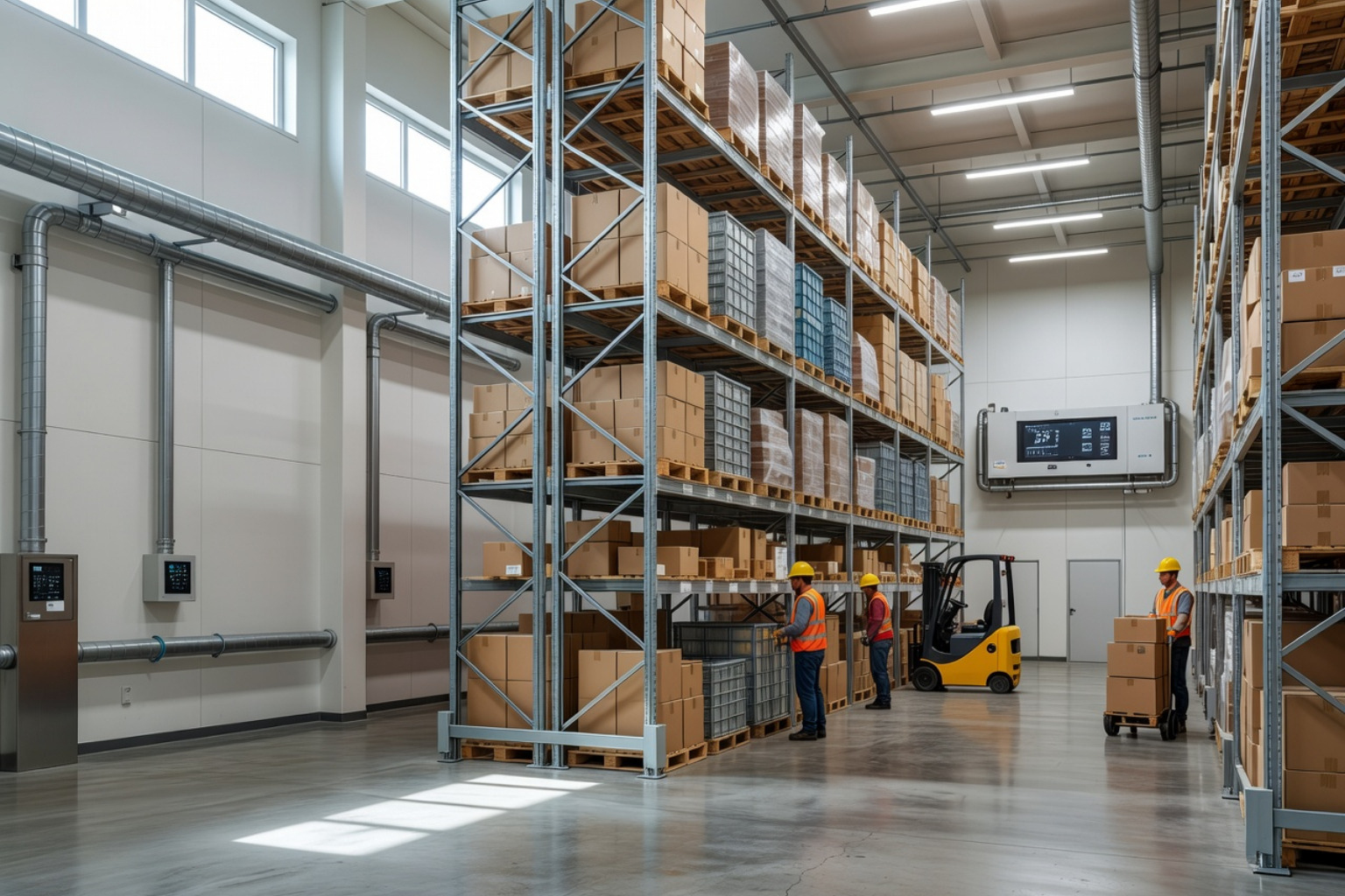 warehouse interior showing temperature stability and humidity control systems with metal racking - controlled environment
