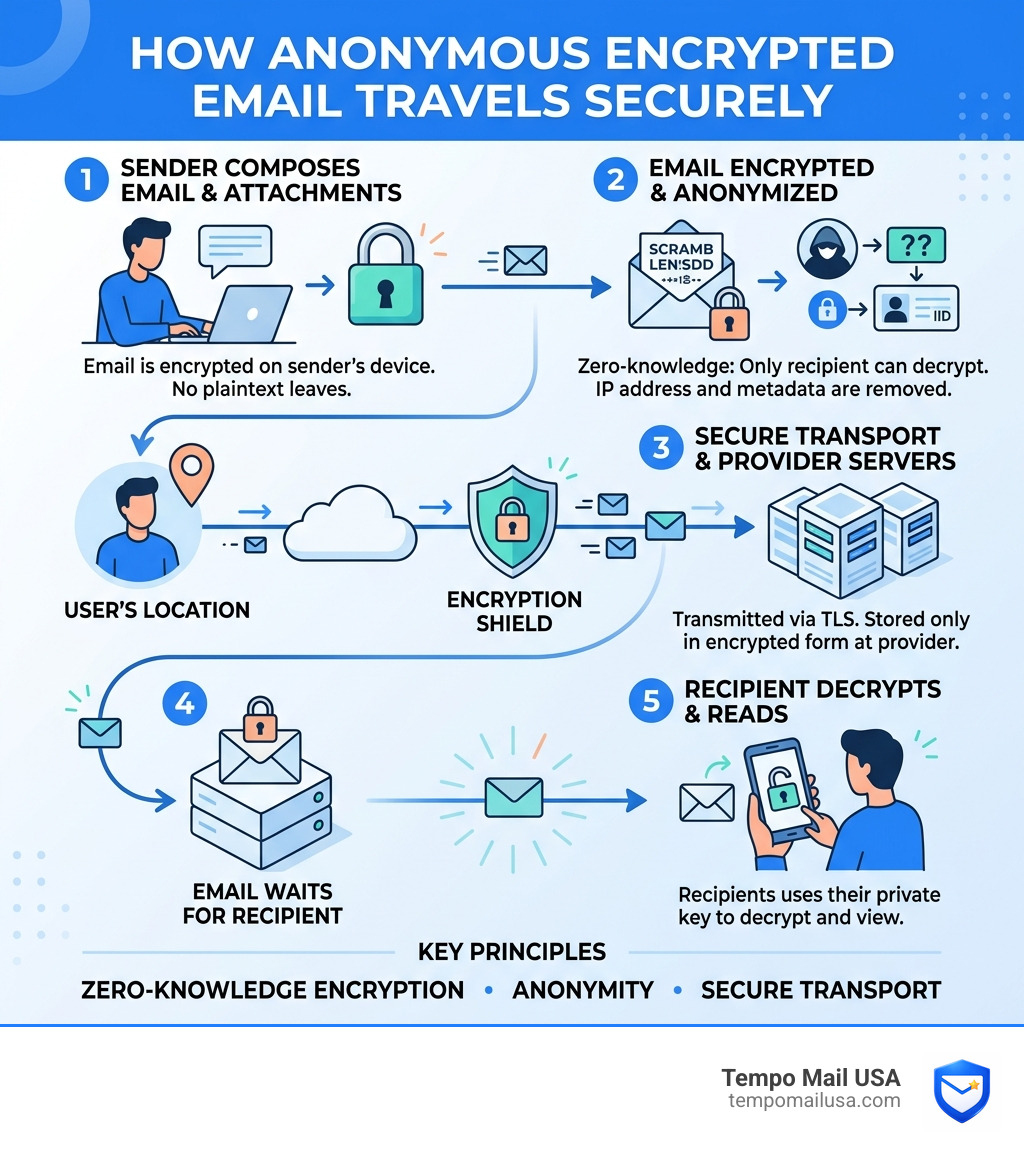 How an anonymous encrypted email travels from sender to recipient securely - most safe email provider infographic 