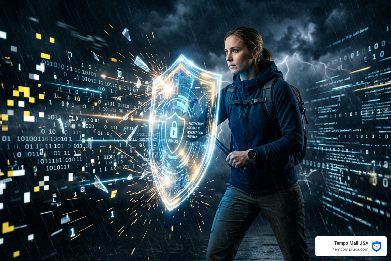 A person shielding their digital identity from a storm of data pixels - most safe email provider