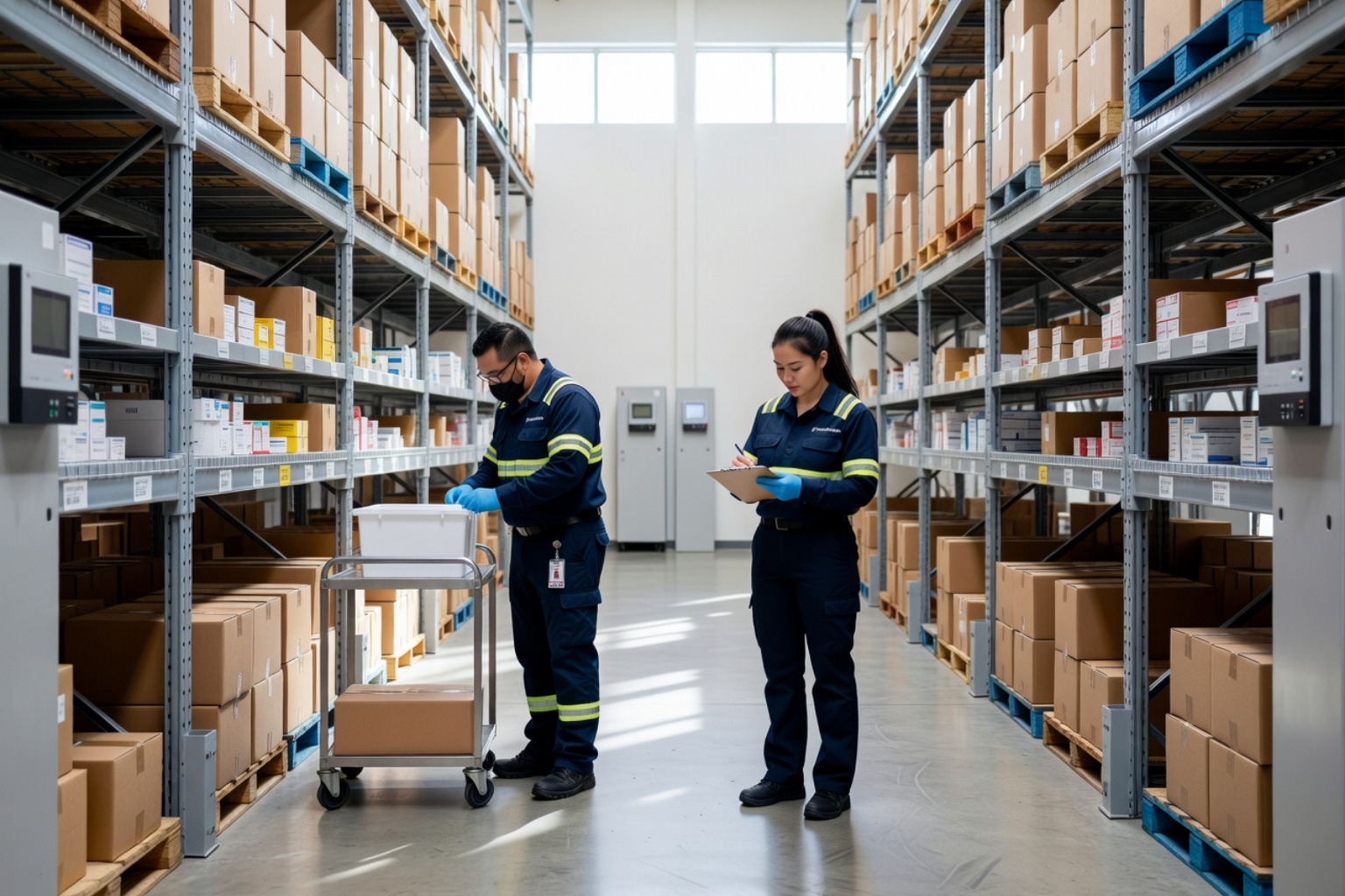 specialized pharmaceutical storage area with temperature monitoring and clean floors - controlled environment storage