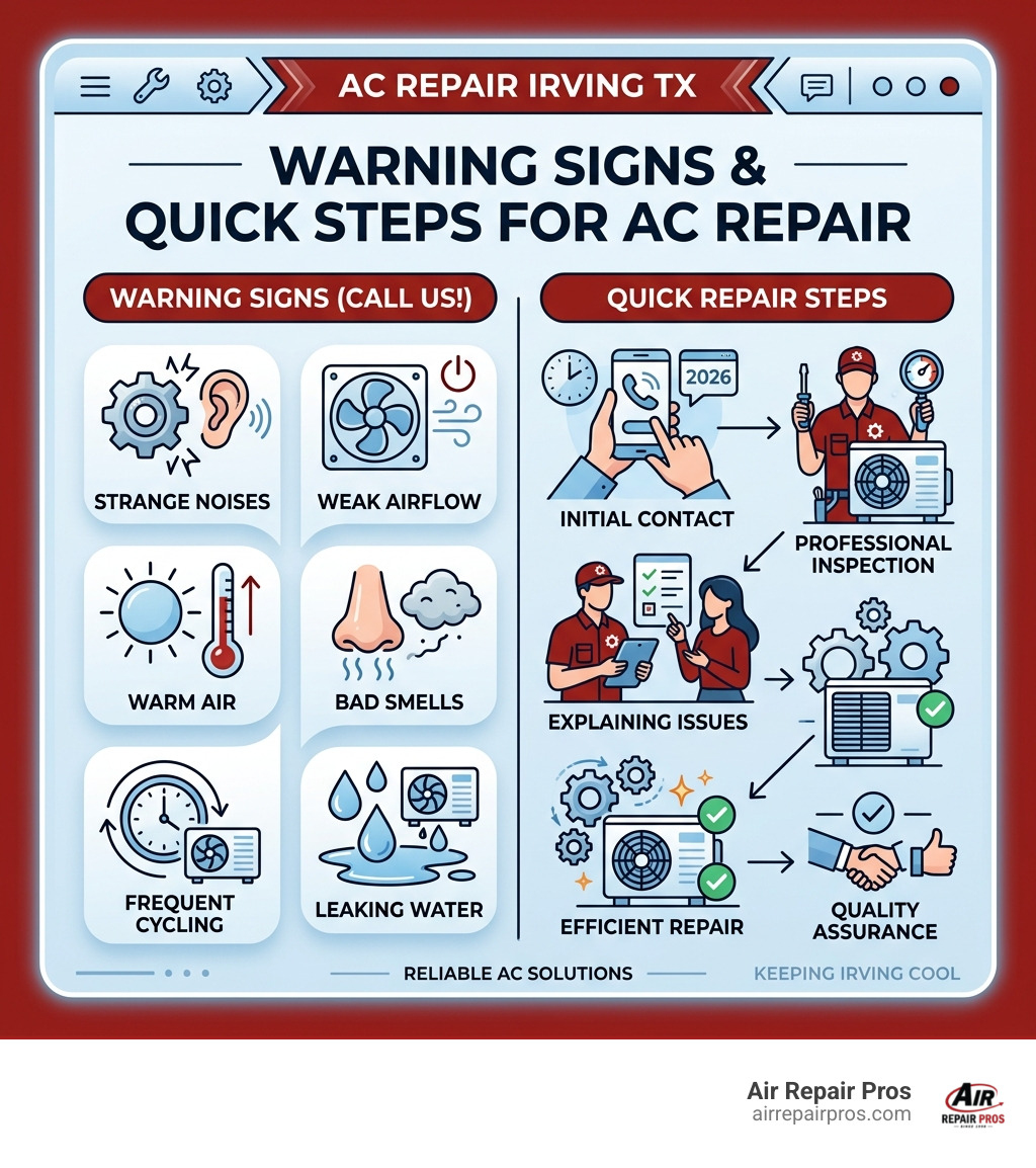 Infographic showing warning signs, and quick steps for AC repair in Irving TX - ac repair irving texas