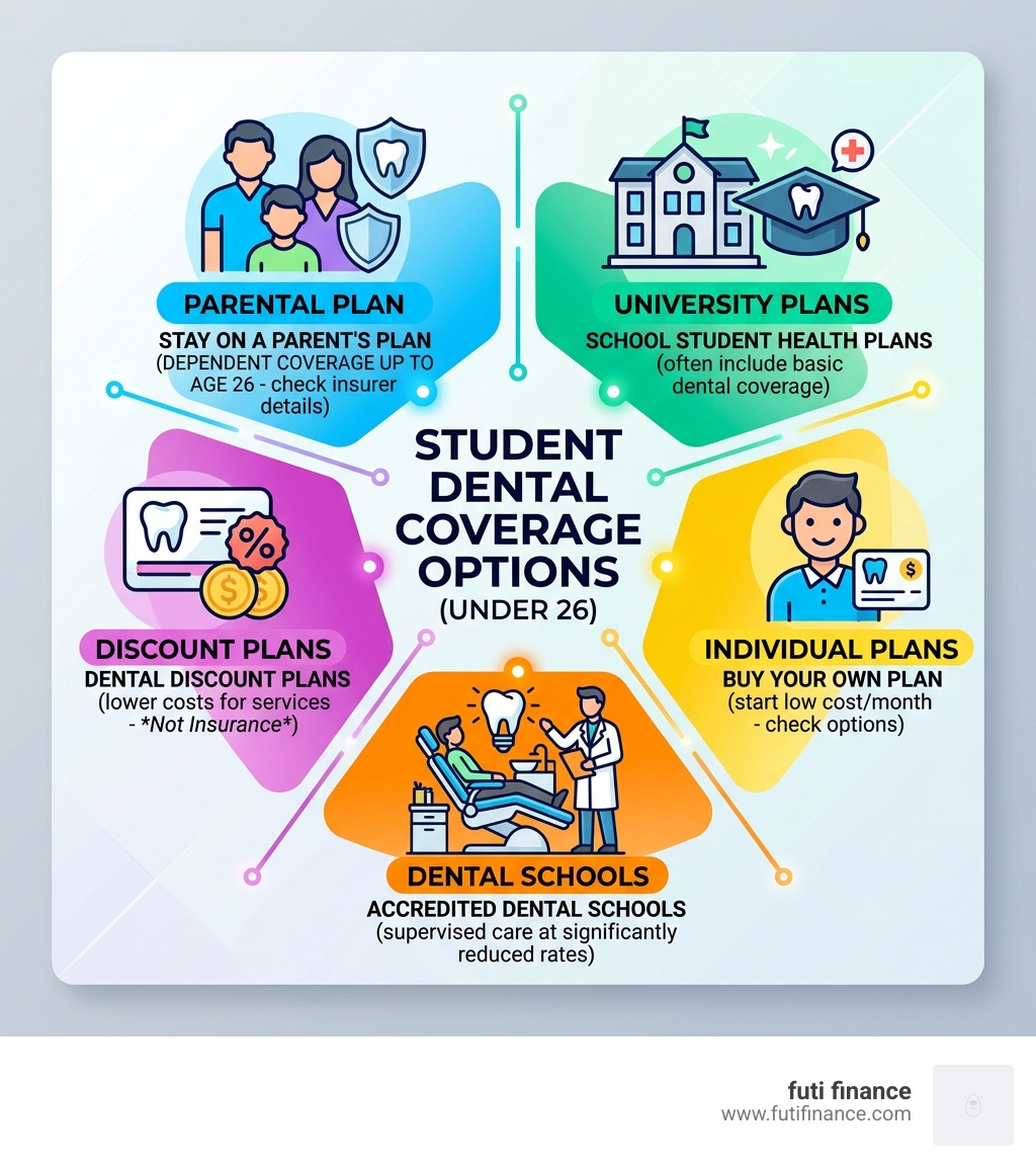 Infographic showing student dental coverage options: parental plan to age 26, university plans, individual plans, dental
