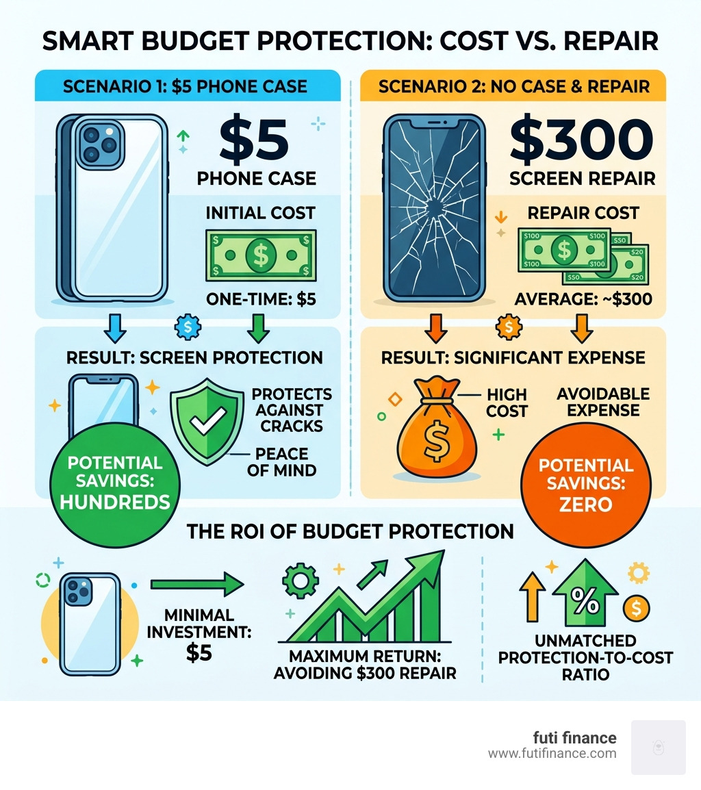 Infographic comparing cost of $5 phone case vs $300 screen repair, showing ROI of budget protection - cheapest phone cover