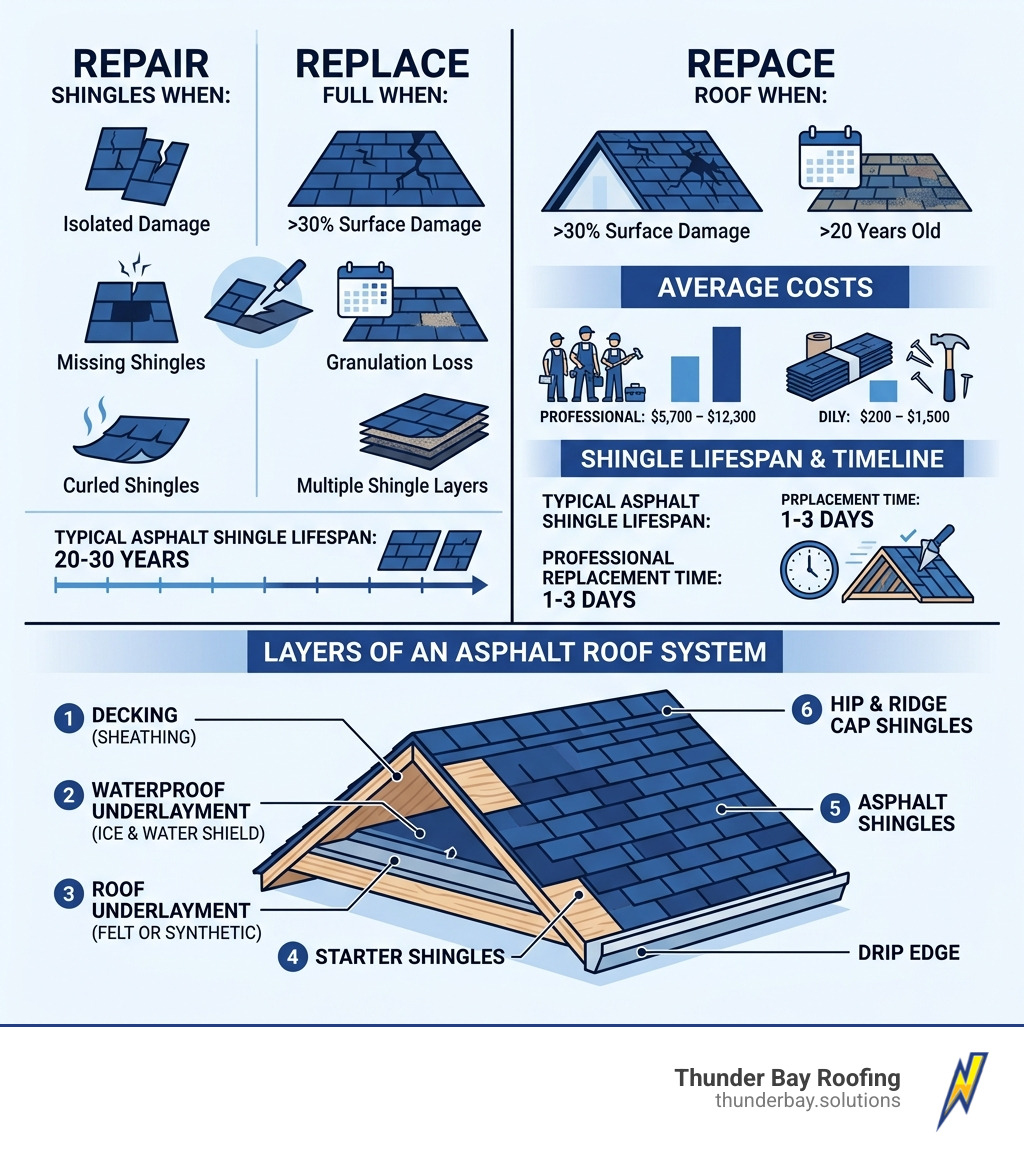 Infographic showing when to repair vs. replace shingles, average costs, shingle lifespan, and layers of an asphalt roof Infographic showing when to repair vs. replace shingles, average costs, shingle lifespan, and layers of an asphalt roof