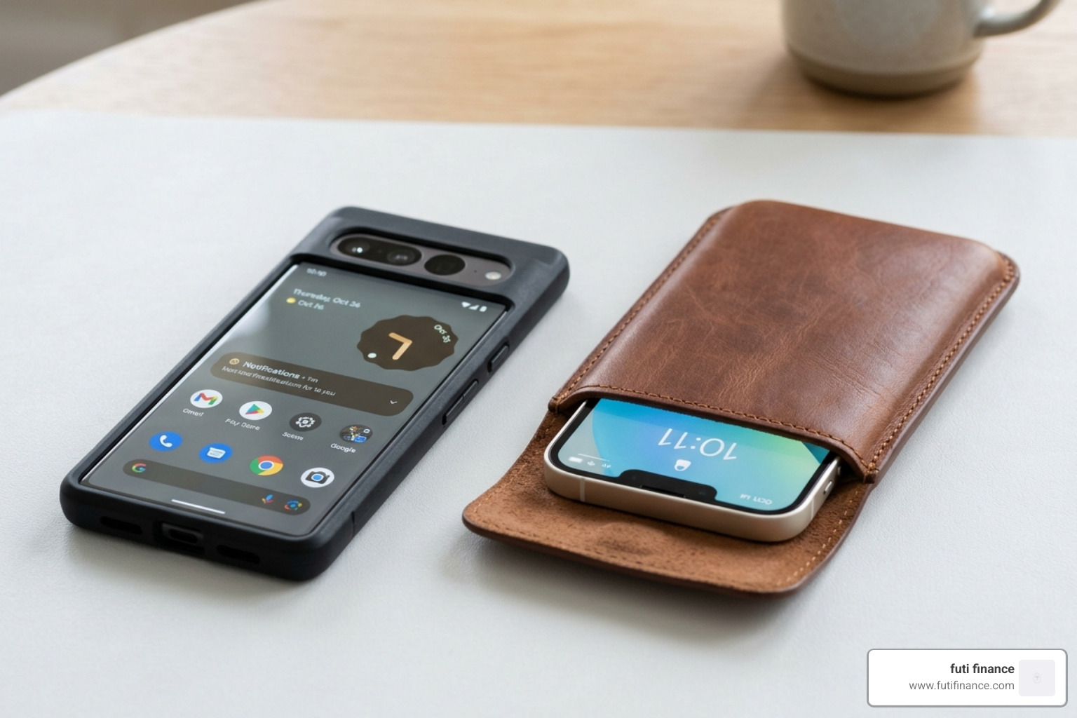A comparison between a model-specific hardshell case and a universal leather pouch - smartphone cover