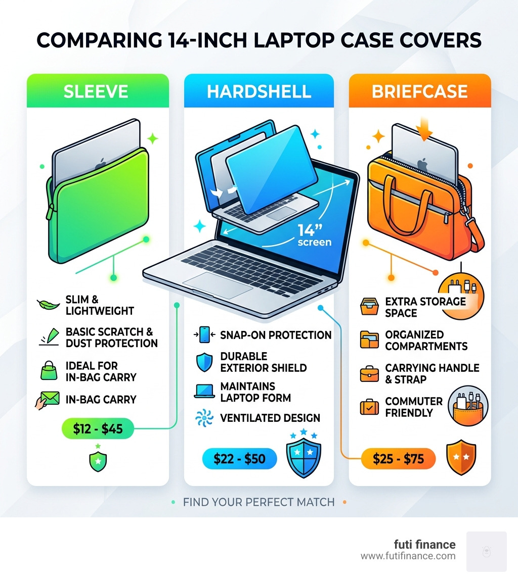 Infographic comparing sleeve, hardshell, and briefcase types for 14-inch laptops - laptop case cover 14 inch infographic 