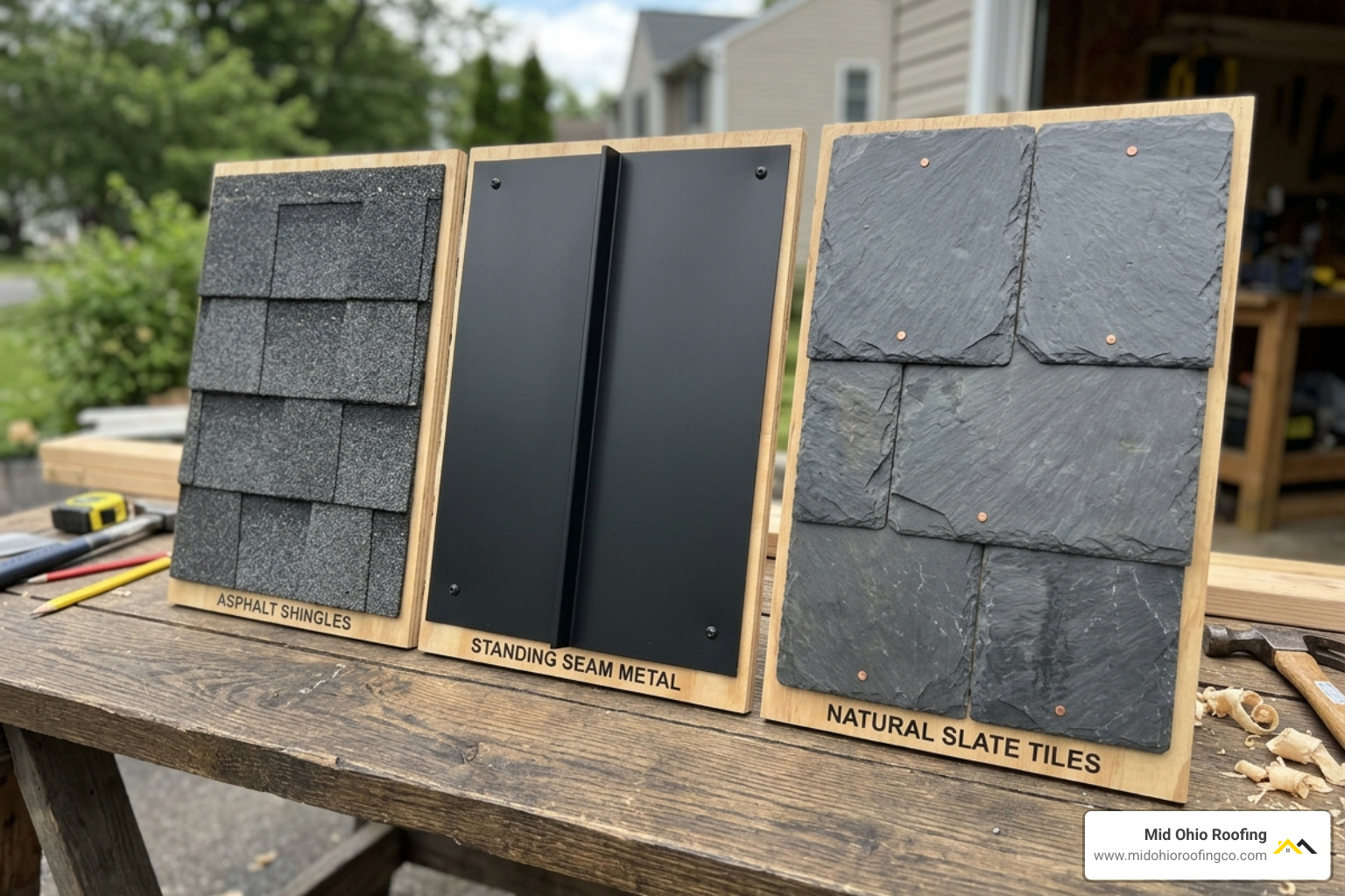 Samples of asphalt, metal, and slate roofing materials side-by-side - new roof cost Samples of asphalt, metal, and slate roofing materials side-by-side - new roof cost