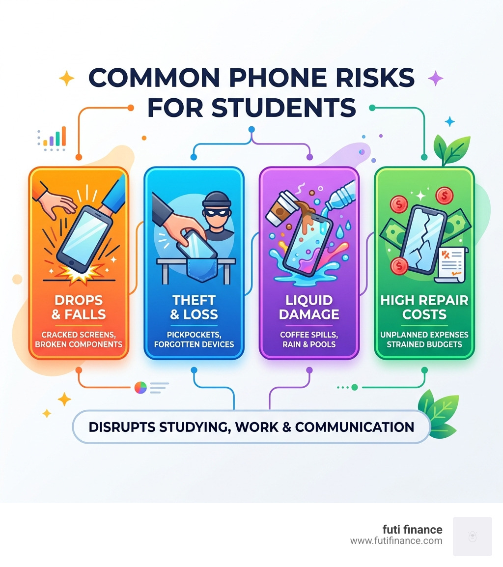 Common phone risks for students: drops, theft, liquid damage, and costs infographic - affordable phone protection students