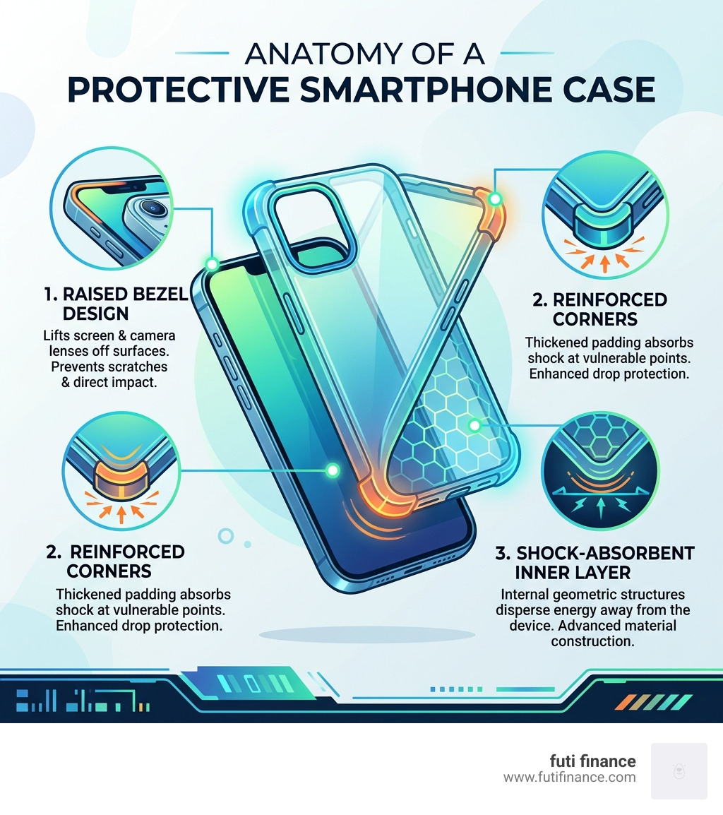 Infographic showing the anatomy of a protective case: raised bezel, reinforced corners, and shock-absorbent inner layer