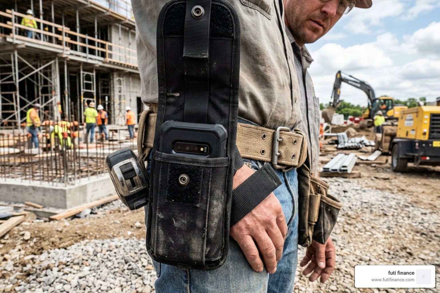 A rugged nylon belt holster attached to a utility belt, showing durability and accessibility - smartphone cover
