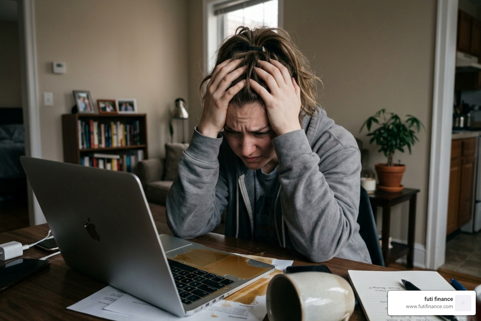Young adult looking stressed after spilling a drink on their laptop - does renters insurance cover accidental damage