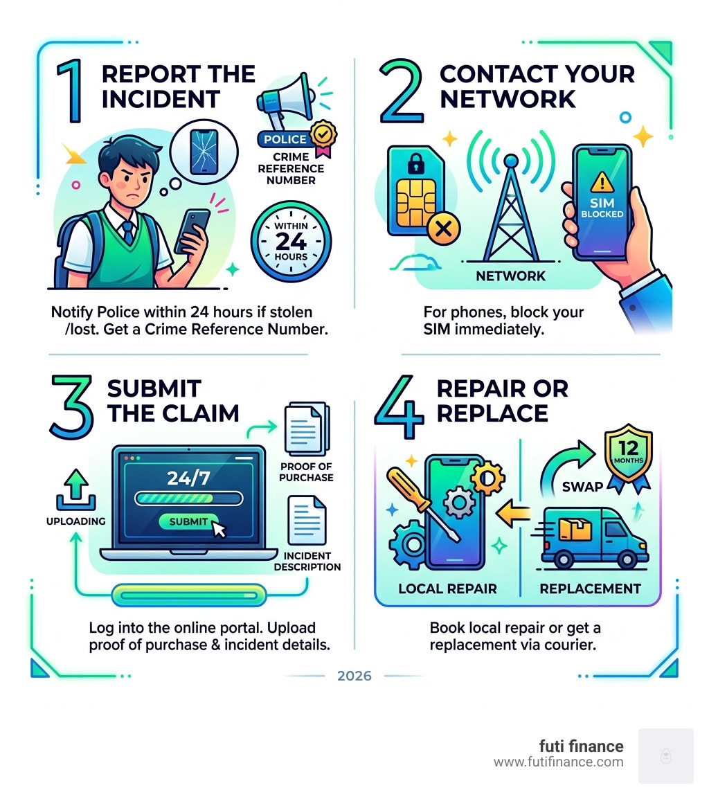 infographic showing the 4 steps of a gadget insurance claim - student gadget multi device cover infographic 