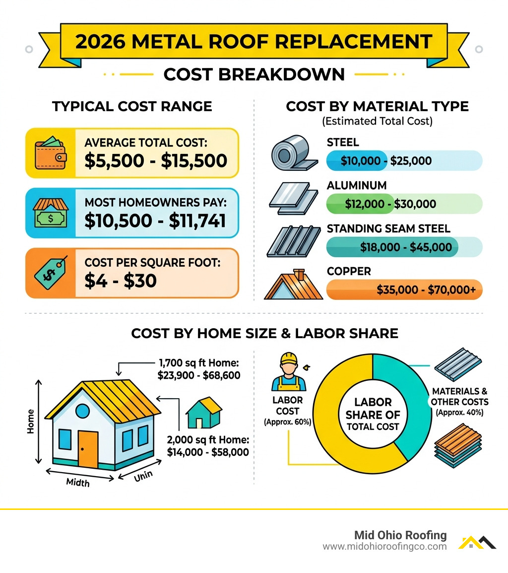2026 metal roof replacement cost breakdown infographic showing cost ranges by material, labor share, and home size - metal 2026 metal roof replacement cost breakdown infographic showing cost ranges by material, labor share, and home size - metal