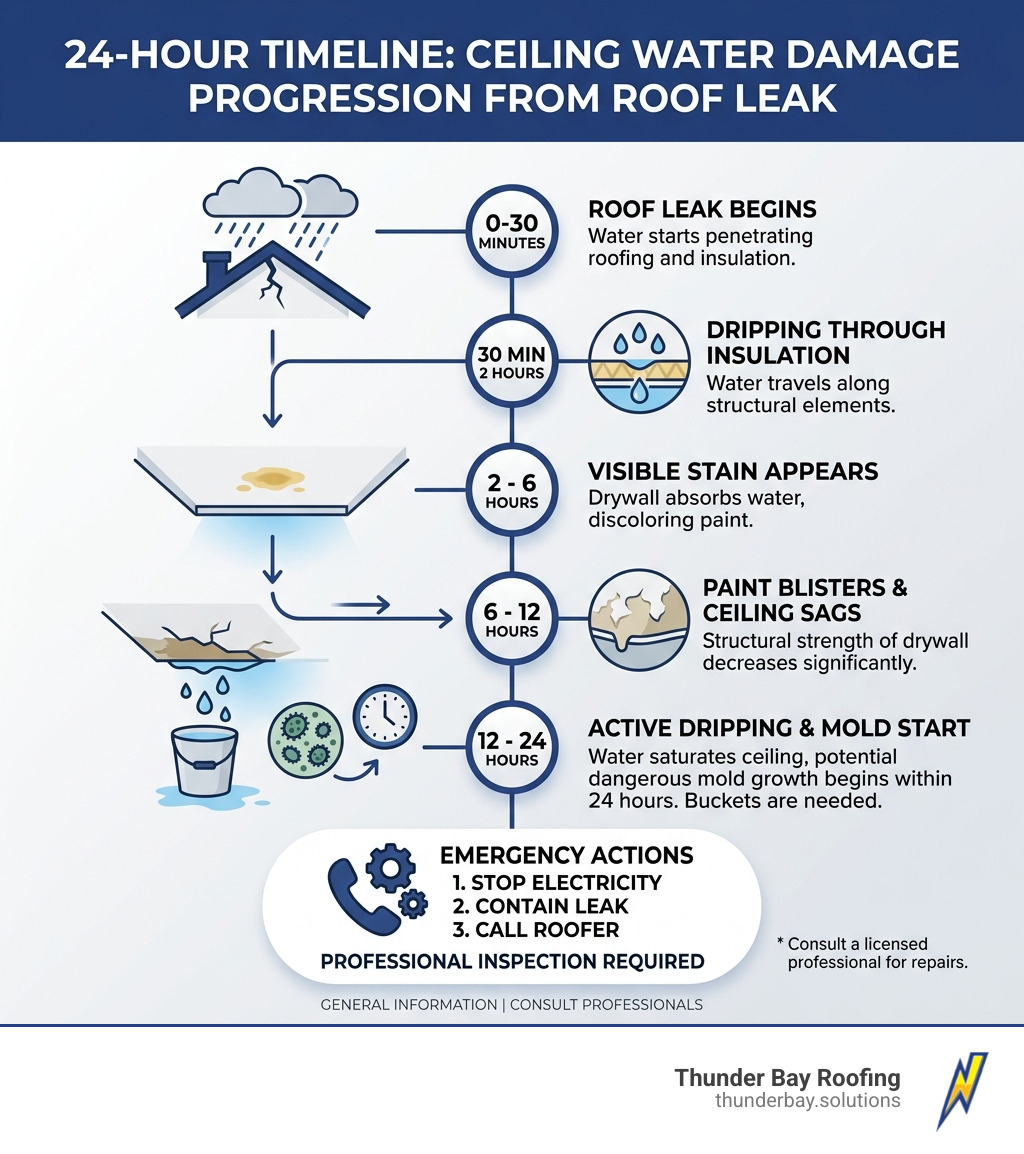 24-hour timeline infographic showing progression of ceiling water damage from roof leak - ceiling damage from leaking roof