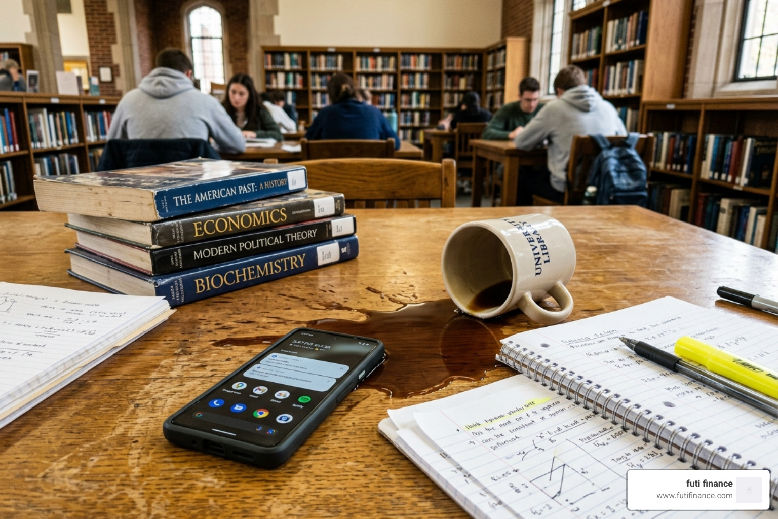 A smartphone sitting precariously next to a spilled cup of coffee on a library desk - budget phone insurance plan
