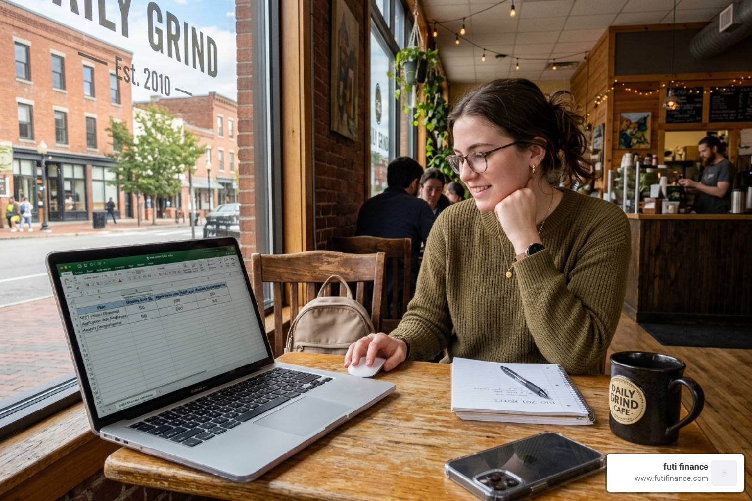 A student sitting in a coffee shop comparing different phone insurance plans on a laptop screen - budget phone insurance plan