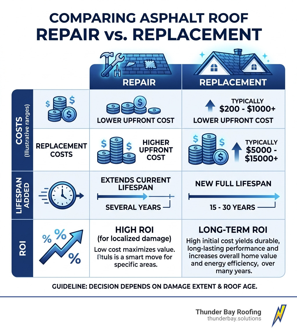 Table comparing repair costs, lifespan, and ROI - asphalt roof repair infographic 