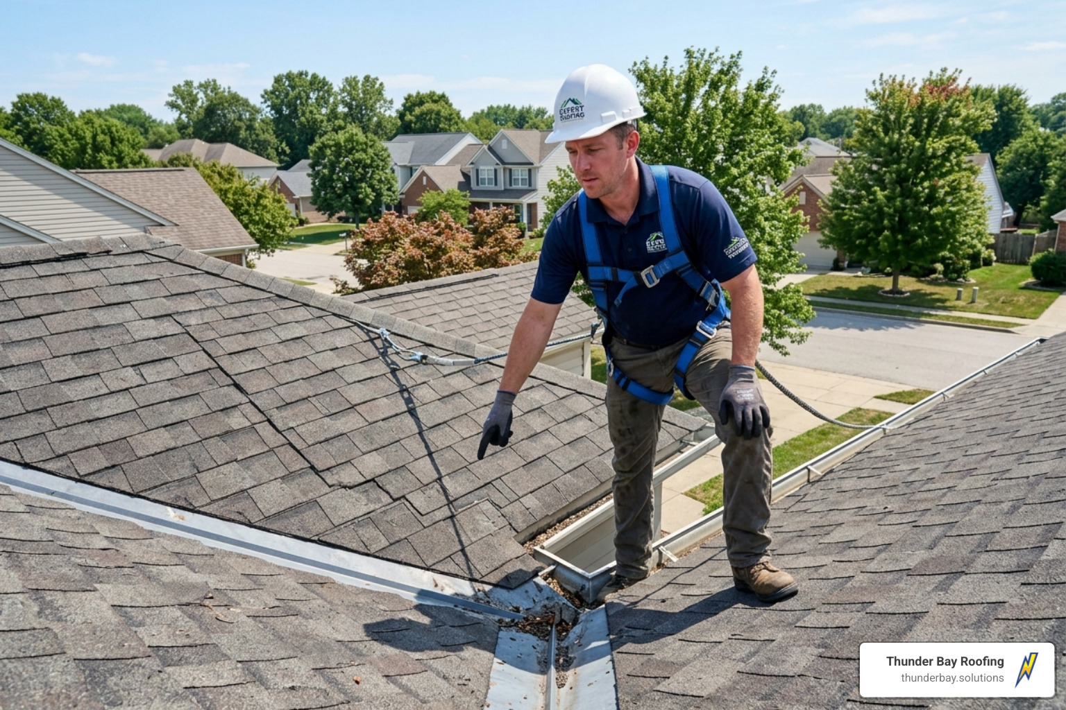 technician inspecting roof valleys for leaks - ceiling damage from leaking roof