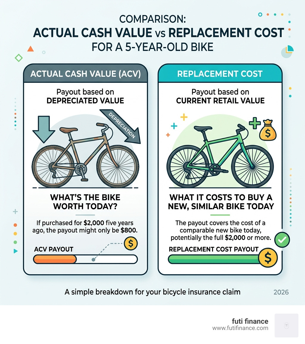Table comparing Actual Cash Value vs Replacement Cost payouts for a 5-year-old bike - stolen bicycle insurance infographic 