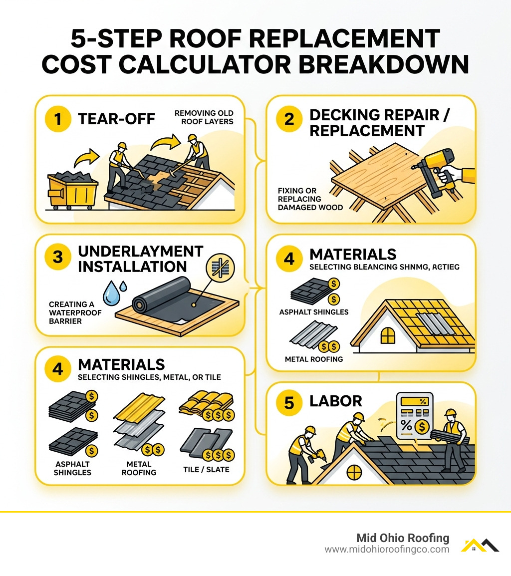 5-step roof replacement cost calculator breakdown infographic showing tear-off, decking, underlayment, materials, and labor 5-step roof replacement cost calculator breakdown infographic showing tear-off, decking, underlayment, materials, and labor