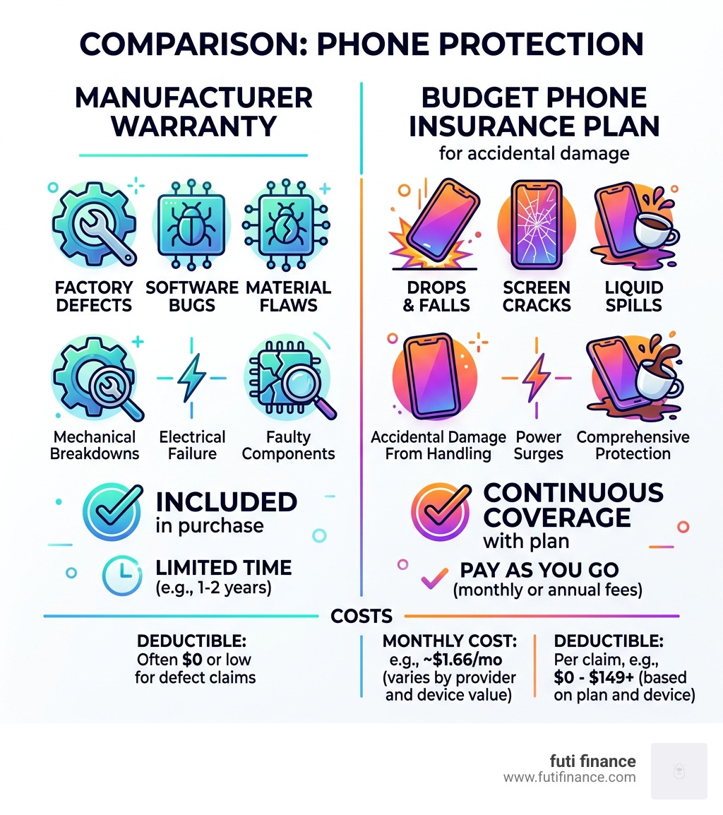 Comparison infographic: manufacturer warranty vs budget phone insurance plan coverage types and costs - budget phone