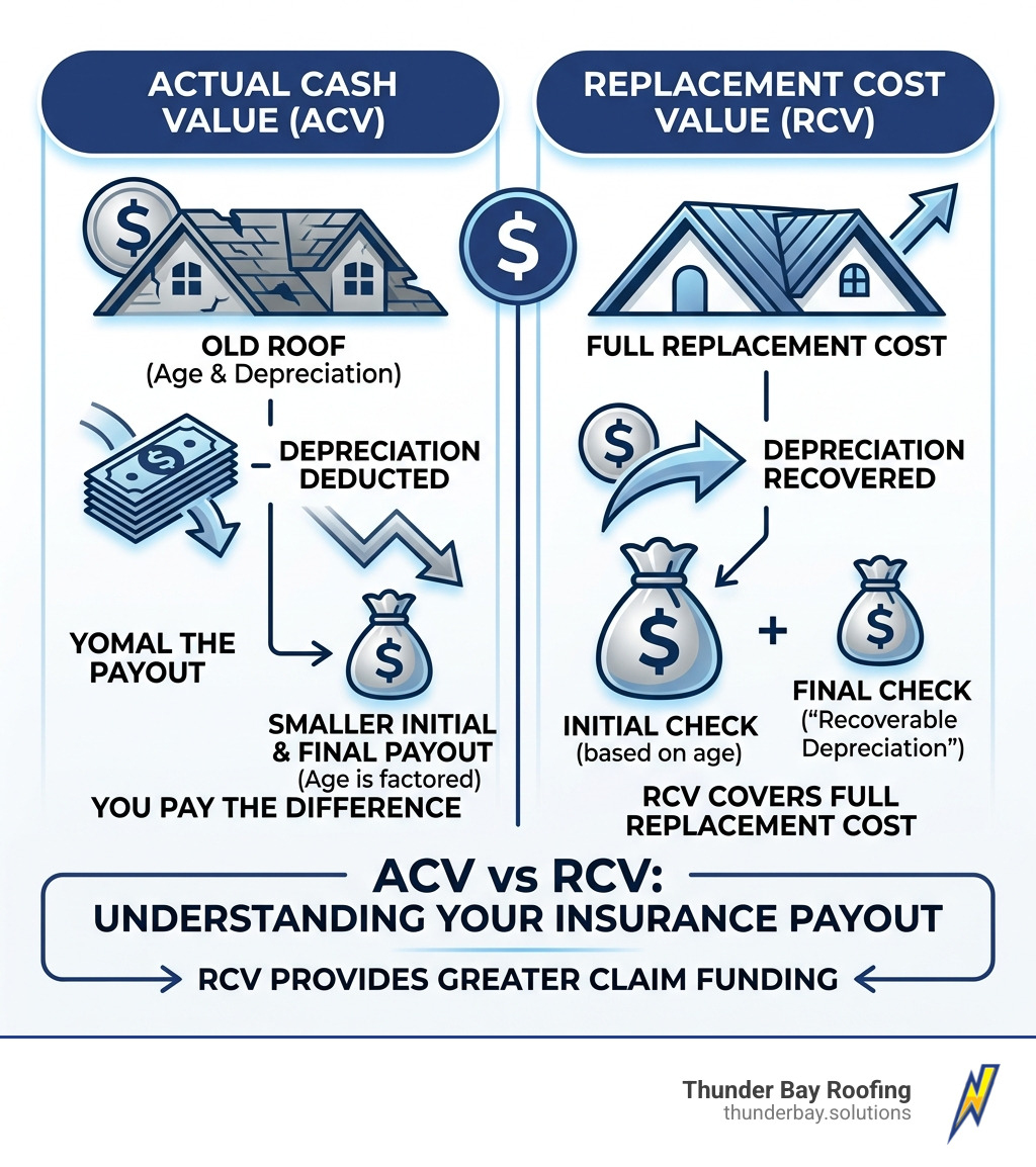 Comparison of ACV vs RCV insurance payouts - storm damage roofers infographic Comparison of ACV vs RCV insurance payouts - storm damage roofers infographic