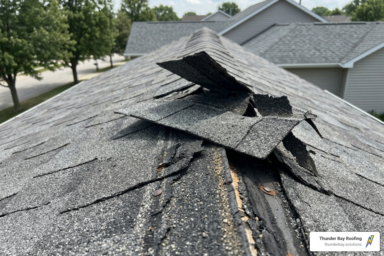 creased asphalt shingles showing wind uplift and suction damage - roof repair wind damage creased asphalt shingles showing wind uplift and suction damage - roof repair wind damage