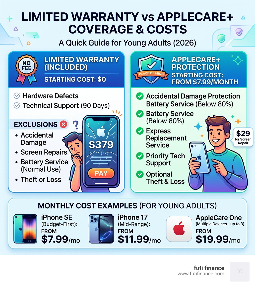 Infographic comparing limited warranty vs AppleCare+ coverage and monthly costs for young adults - apple insurance young