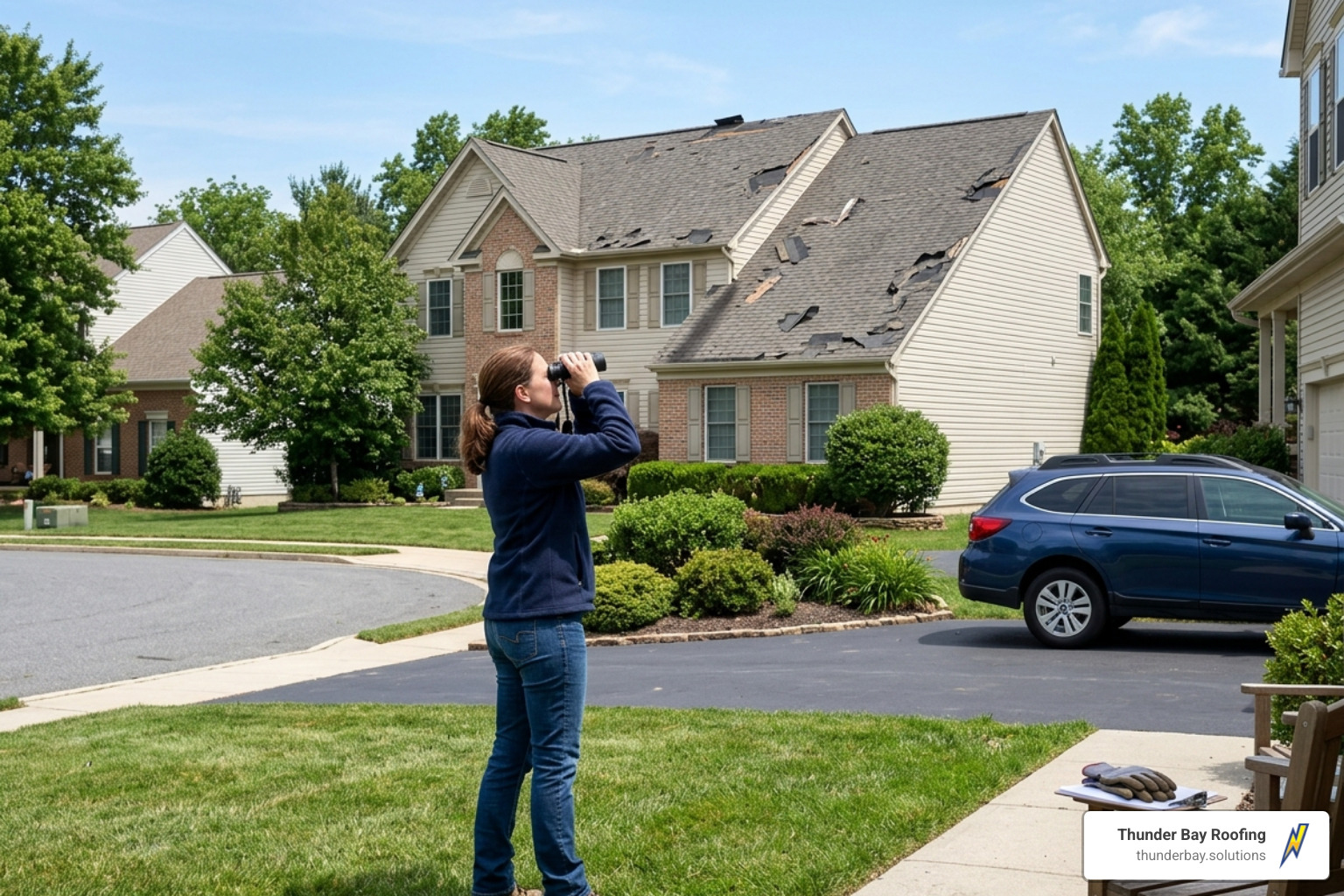homeowner safely inspecting a roof with binoculars from the ground - roof repair wind damage homeowner safely inspecting a roof with binoculars from the ground - roof repair wind damage
