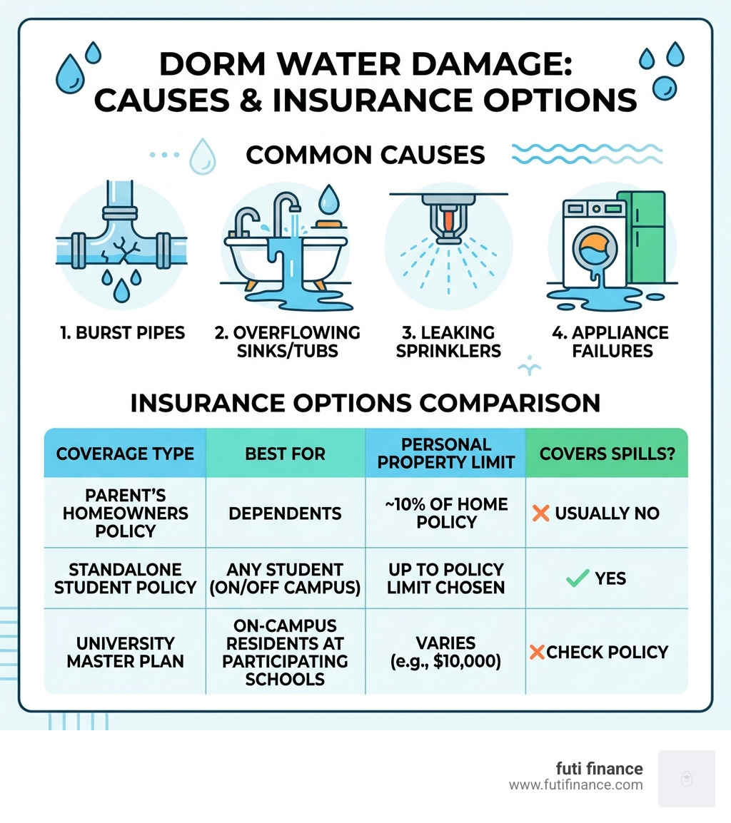 common causes of dorm water damage and insurance options comparison - student dorm water damage insurance infographic 