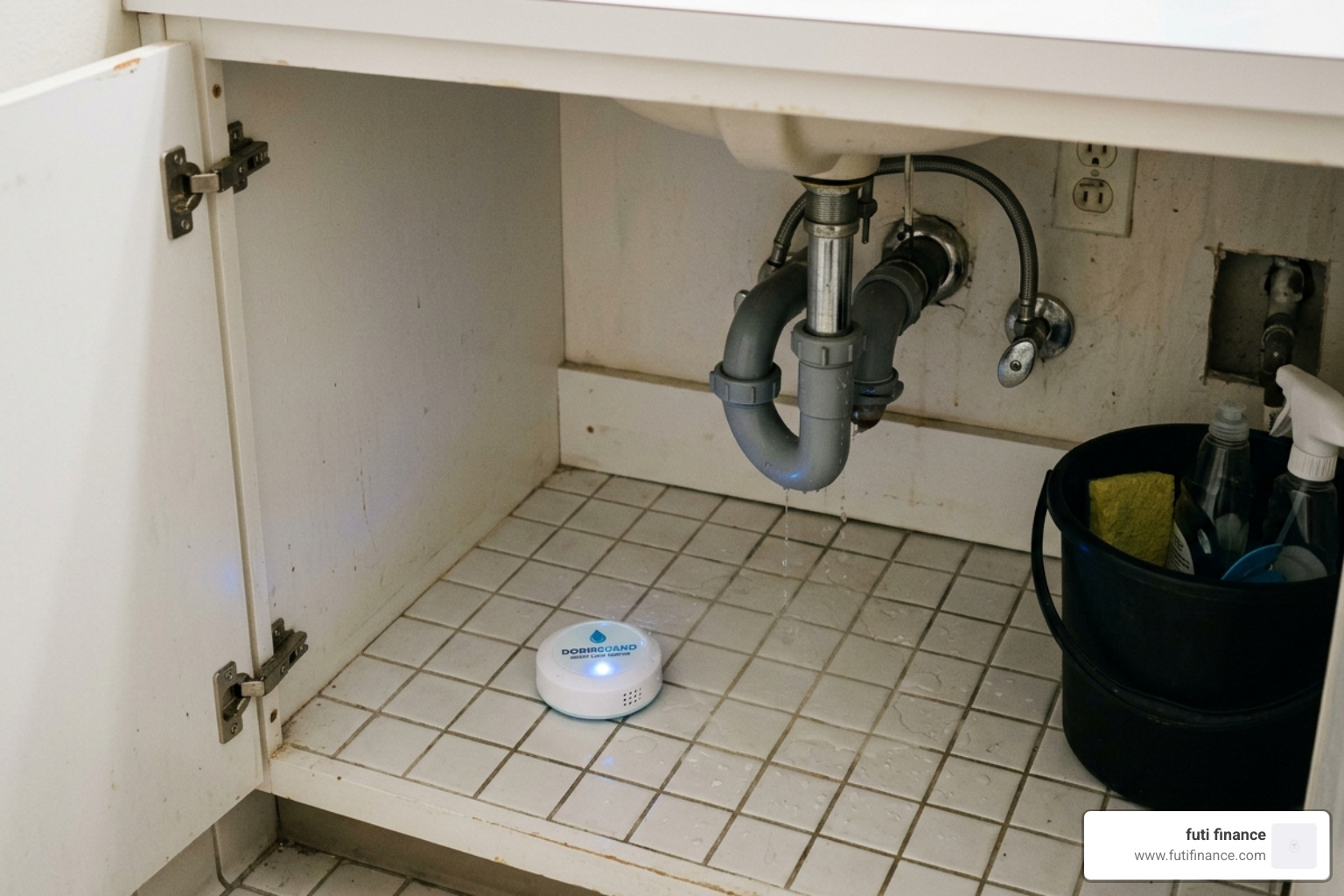 smart water leak sensor under a dorm sink - student dorm water damage insurance