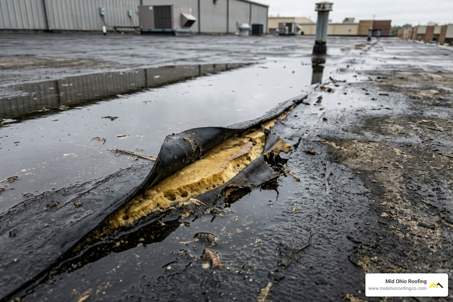 Macro photography showing industrial roof failures like ponding water and open seams - industrial roof replacement