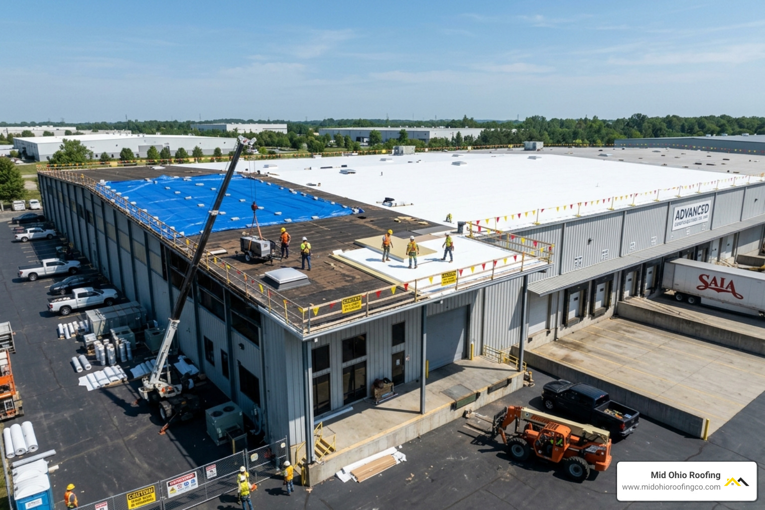 Photo of a large industrial building showing a phased roof replacement with safety flags - industrial roof replacement