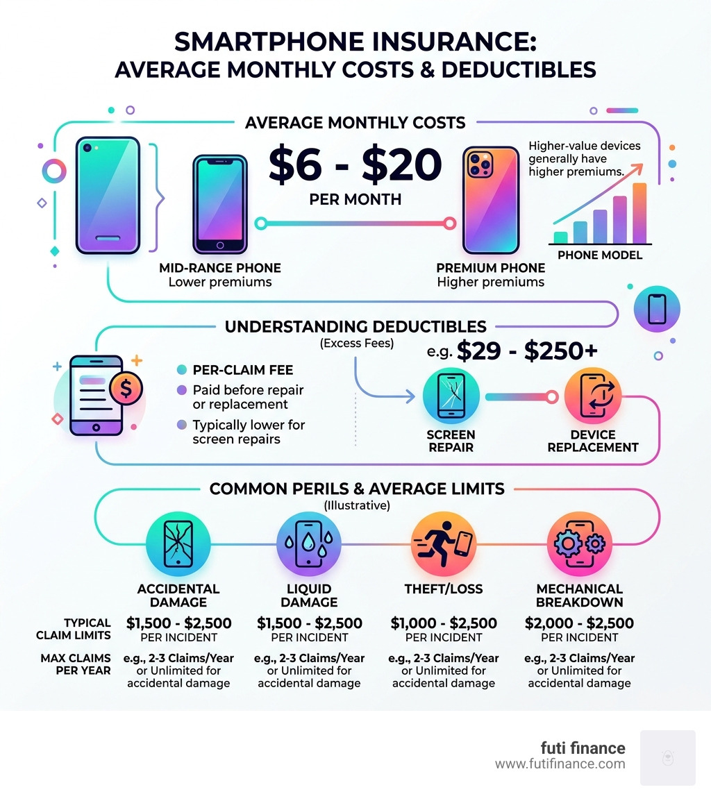 Infographic of average monthly costs and deductibles for mobile insurance - insurance policy for mobile phones infographic 